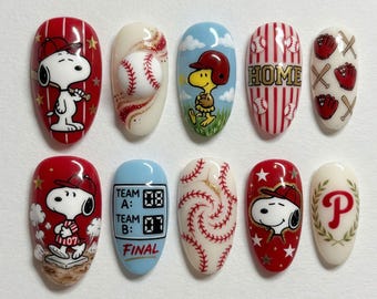 Uñas postizas de béisbol de Snoopy, uñas postizas de Peanuts, béisbol 3D, marcador de Woodstock, equipo de rayas rojas y blancas, uñas de fanático de Filadelfia