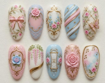 Rococo Vintage Press On Nails Luxury 3D Rose Fake Nails Coquette Pink Ribbon Bow Pastel Blue Floral Lace Gold Frame Butterfly Music Nails