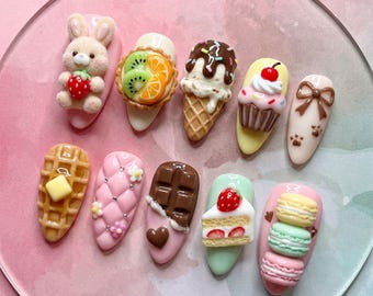 Kawaii Bunny Press On Nails Cute Dessert Fake Nails 3D Fluffy Rabbit Fruit Tart Ice Cream Cupcake Waffle Chocolate Shortcake Macaron Nails