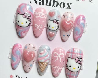 Kawaii Hello Kitty Press On Nails Cute Pink Fake Nails 3D Sanrio Charm Soft Serve Ice Cream Plaid Ribbon Bow Heart Pink Blue Marble Nails