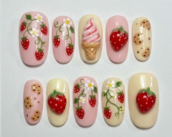 Kawaii Strawberry Press On Nails Cute 3D Fruit Fake Nails Sweet Dessert Press Ons Kawaii Ice Cream Cone Choc Chip Cookie Summer Gift Nails
