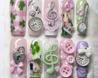 Kawaii Shugo Chara Press On Nails Cute Anime Fake Nails 3D Amulet Clover Su Music Note Pocket Watch Pink Green Lace Lolita Button Nails