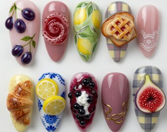 Cottagecore 3D Dessert Press On Nails Cute Croissant Fake Nails Lemon Plaid Press Ons Fresh Fig Grape Blueberry Pie Bakery Picnic Gift Nails
