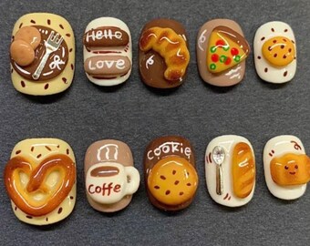 Cute 3D Food Press On Nails Pretzel Croissant Coffee Pizza Chocolate Cookie Bread Bakery Handpainted Short Square Cartoon Nails Gift