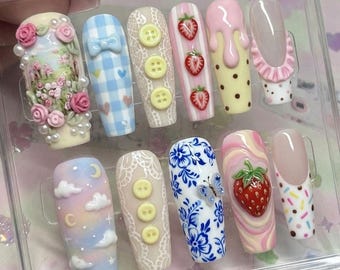 Cute Coquette Press On Nails Strawberry Gingham Plaid 3D Yellow Buttons Lace Blue Chinoiserie Floral Rose Garden Rainbow Cloud Kawaii Nails