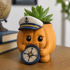 Nautical Pumpkin 3D Printed Planter Pot - Hand Painted Miniature Captain Decor with Compass for Succulents