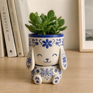 Portuguese Azulejo Bunny Planter | Hand Painted 3D Printed Succulent Pot