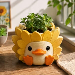 Könnte beinhalten: Ein gelber, entenförmiger Übertopf mit einem Sonnenblumen-Blütendesign am Rand. Der Übertopf hat ein cremefarbenes Gesicht, große schwarze Augen, einen orangefarbenen Schnabel und zwei orangefarbene Füße an der Basis mit einer grünen Sukkulente.