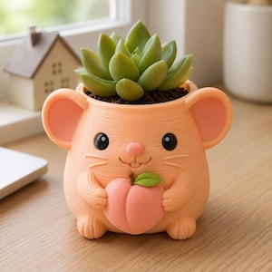 Könnte beinhalten: Ein pfirsichfarbener, mausförmiger Übertopf mit großen, abgerundeten Ohren, einer kleinen rosa Nase und Schnurrhaaren. Die Maus hält einen rosa Pfirsich mit einem grünen Blatt in ihren Vorderpfoten. Eine grüne Sukkulente ist darin eingepflanzt.
