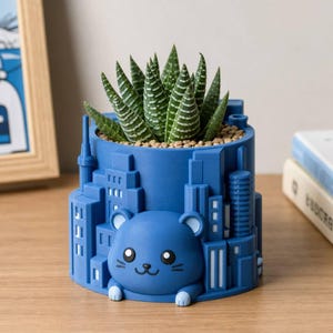 Blue City Hamster 3D Printed Planter, Hand-Painted Succulent Pot, Unique Urban Architecture Sculpture for Desk or Shelf