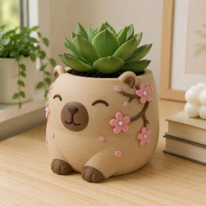 Peach Blossom Capybara Planter, 3D Printed Succulent Pot with Hand Painted Details, Whimsical Desk Decor for Plant Lovers