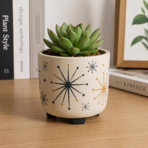 Retro Atomic Sunburst 3D Printed Planter Pot - Mid Century Modern Hand Painted Succulent Pot