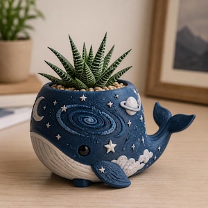 Cosmic Whale 3D Printed Planter Pot, Hand Painted Celestial Ocean Decor, Unique Succulent Container