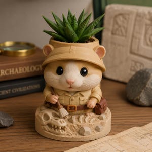 Puede incluir: Una maceta con forma de hámster color canela que lleva un sombrero y camisa de safari, sosteniendo un pequeño cepillo. La base presenta un cráneo y huesos de dinosaurio esculpidos. Una planta suculenta verde está plantada en la cabeza del hámster.