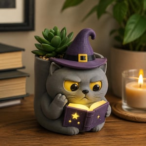 Magical Cat Wizard 3D Printed Planter Pot - Hand Painted Fantasy Succulent Pot