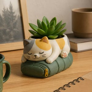 Chubby Sleeping Cat Camping Humor 3D Printed Planter Pot, Hand Painted Succulent Pot, Unique Desk Plant Holder