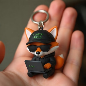 90s Cyber Fox Keychain, Glitch Aesthetic Tech Accessory, Handmade Hand-Painted Trinket