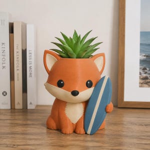 Surf Fox 3D Printed Planter Pot, Hand Painted Coastal Succulent Container, Ocean Wave Animal Desk Decor