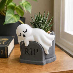 Lazy Ghost 3D Printed Planter Pot - Cute Halloween Afternoon Nap Tombstone Succulent Holder - Hand Painted Spooky Decor
