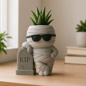 Chubby Mummy 3D Printed Planter Pot with Tiny Sunglasses and Miniature Tombstone, Cool Succulent Container, Unique Desk Plant Decor