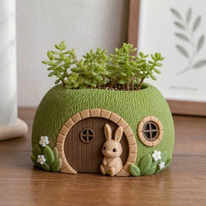 Könnte beinhalten: Ein grüner, strukturierter Pflanztopf in Form eines kleinen Hauses mit einer braunen Bogentür und einem runden Fenster. Eine kleine, hellbraune Hasenfigur sitzt vor der Tür. Der Pflanztopf ist mit weißen Blumen und grünen Blättern verziert.