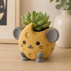 Celestial Moon Mouse Planter | 3D Printed Succulent Pot with Hand-Painted Details