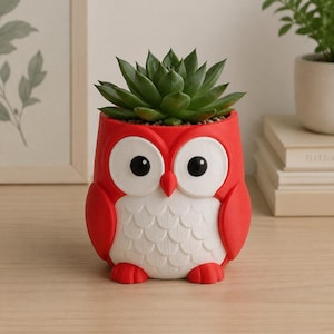 Red White Owl 3D Printed Planter Pot - Hand Painted Succulent Pot for Desk Decor