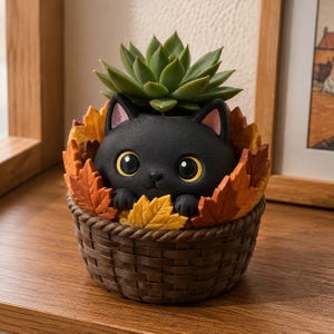 Chubby Black Cat Autumn Leaves 3D Printed Planter Pot, Hand Painted Succulent Holder