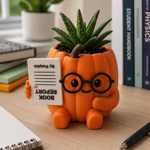 Könnte beinhalten: Ein orangefarbener, kürbisförmiger Übertopf mit lächelndem Gesicht, schwarzer runder Brille und kleinen Armen, die ein weißes rechteckiges Schild mit der Aufschrift BOOK REPORT A+ By: Pumpkin halten. Eine grüne Sukkulente wächst aus dem Kürbis.