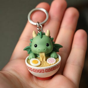Könnte beinhalten: Ein Schlüsselanhänger mit einer kleinen grünen Drachenfigur, die in einer weißen Keramikschale mit Ramen sitzt. Der Drache hat zwei kleine Hörner und Flügel und hält Nudeln. Die Schale hat ein rotes geometrisches Muster und ein Ei.
