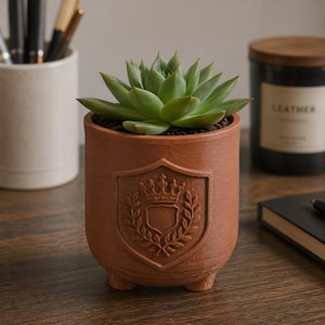 Royal Crest 3D Printed Planter Pot - Dark Wash Terracotta Look Succulent Holder, Hand Painted 15 cm Tall Botanical Decor
