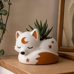 Vaso per piante Moon Fox stampato in 3D, vaso per piante grasse dipinto a mano con un tocco di fantasia, decorazione celeste per la scrivania.