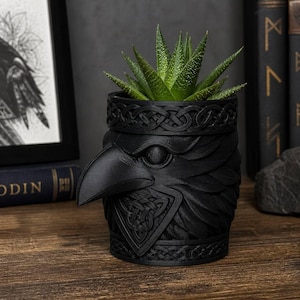 Northern Raven 3D Printed Planter, Hand-Painted Norse Myth Sculpture Pot