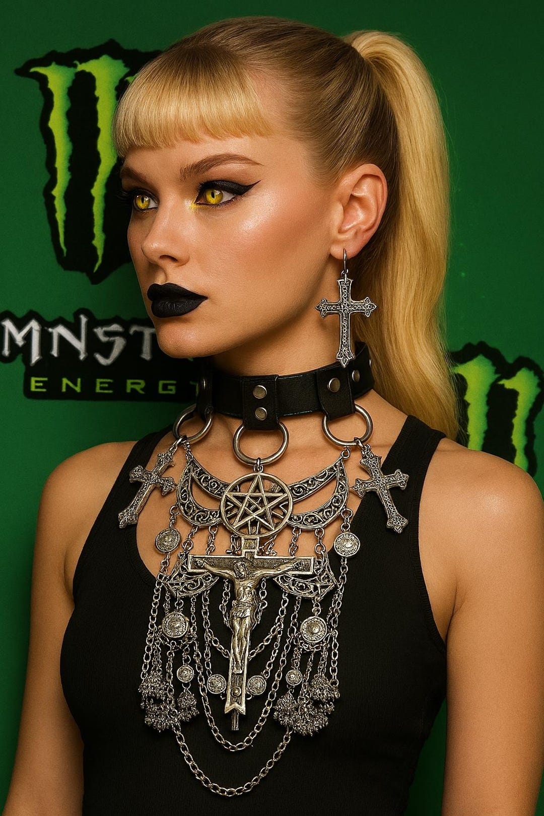 Black Vegan Leather Necklace Pentagram Crucifix - Etsy