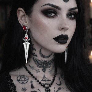 Silver Dagger Sword Red Stone Earrings