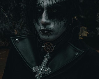 Black faux leather necklace Inverted Cross Kristof Bathory