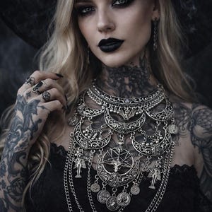 Lilith Ishtar goth silver moon bib maxi necklace
