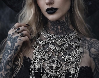 Lilith Ishtar goth silver moon bib maxi necklace
