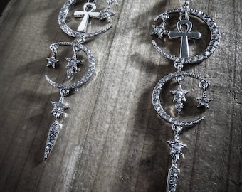 Silver Glam and Shine Moon Ankh Earrings