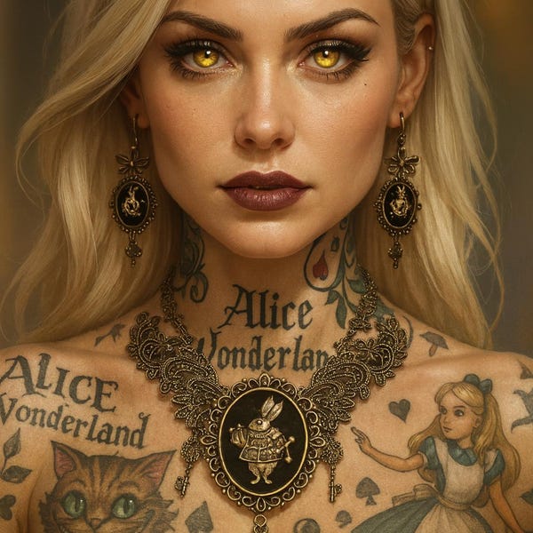 Necklace cameo felt cameo woman Alice in Wonderland The White Rabbit