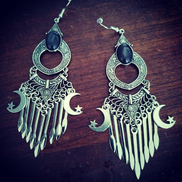 Boucles d'oreilles argentées Tribal Belly Dance Moon