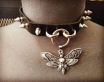 Vegan black leather necklace Spike Butterfly Skull