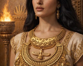 May include: A woman wearing elaborate gold jewelry, including a necklace with a pendant, a headband, earrings, and a bracelet. The jewelry is ornate and detailed, with coin-like elements and intricate designs. The woman is wearing a cream-colored dress.