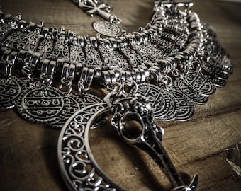 Necklace plastron silver goth ankh moon boho chic Goth Skullbird