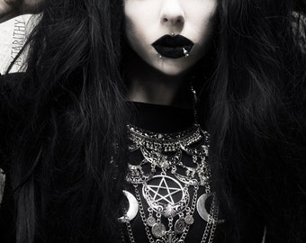 Maxi bib necklace moon silver goth pentagram cross 666 Moon 666