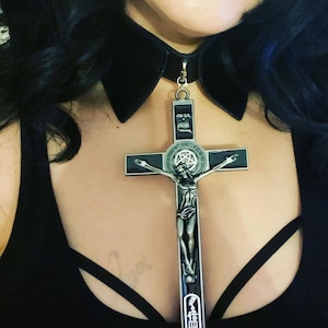 Vegan black leather necklace Large Crucifix Cross