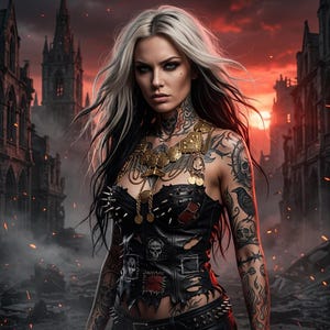 May include: A woman with black and white hair and tattoos stands in front of a fiery red sky and a ruined city. She wears a black leather top with metal studs and a gold necklace. The image has a dark, gothic theme.