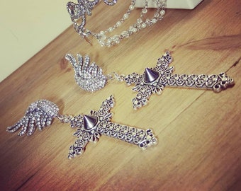 Earrings silver goth cross wings spike Gina