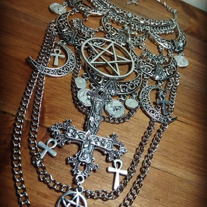 Maxi silver moon bib necklace goth ankh pentagram 666 Inverted Cross 666