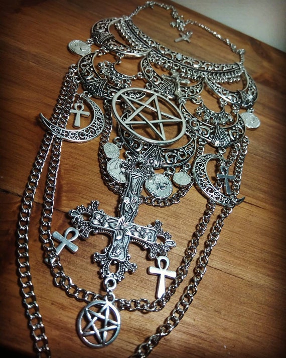 Maxi Silver Moon Bib Necklace Goth Ankh Pentagram 666
